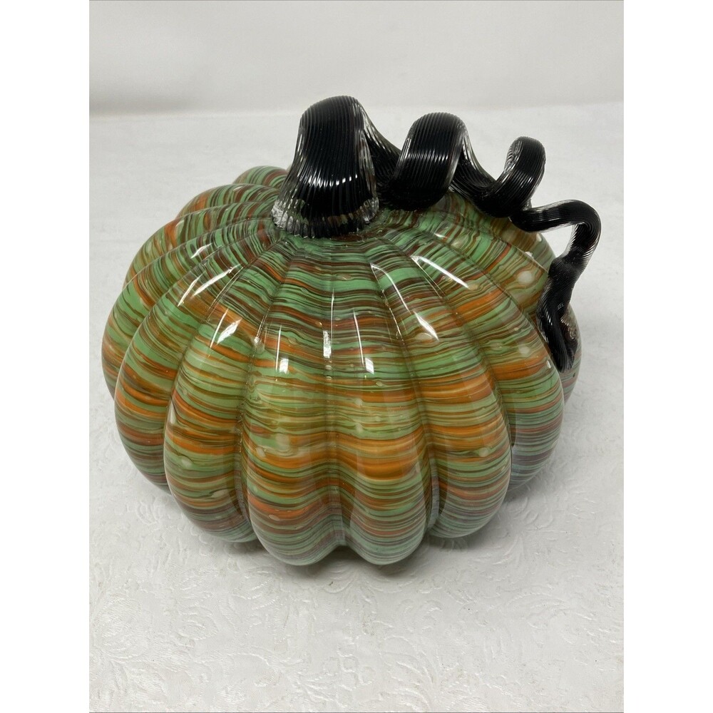 Hand Blown Glass Pumpkin Orange Green Swirl Striped Curly Black Stem 8.5Wx5.5H